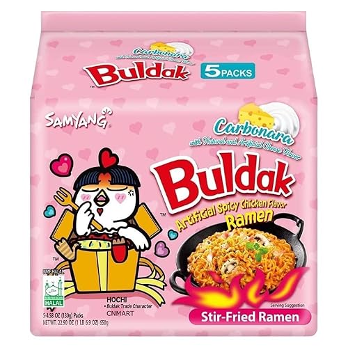 Paquete cremoso de Carbonara Fiesta Bolsa de 5 paquetes de ramen SAMYANG Carbonara Buldak sabor pollo – Certificado Halal – 22.95 oz (paquete de 1)