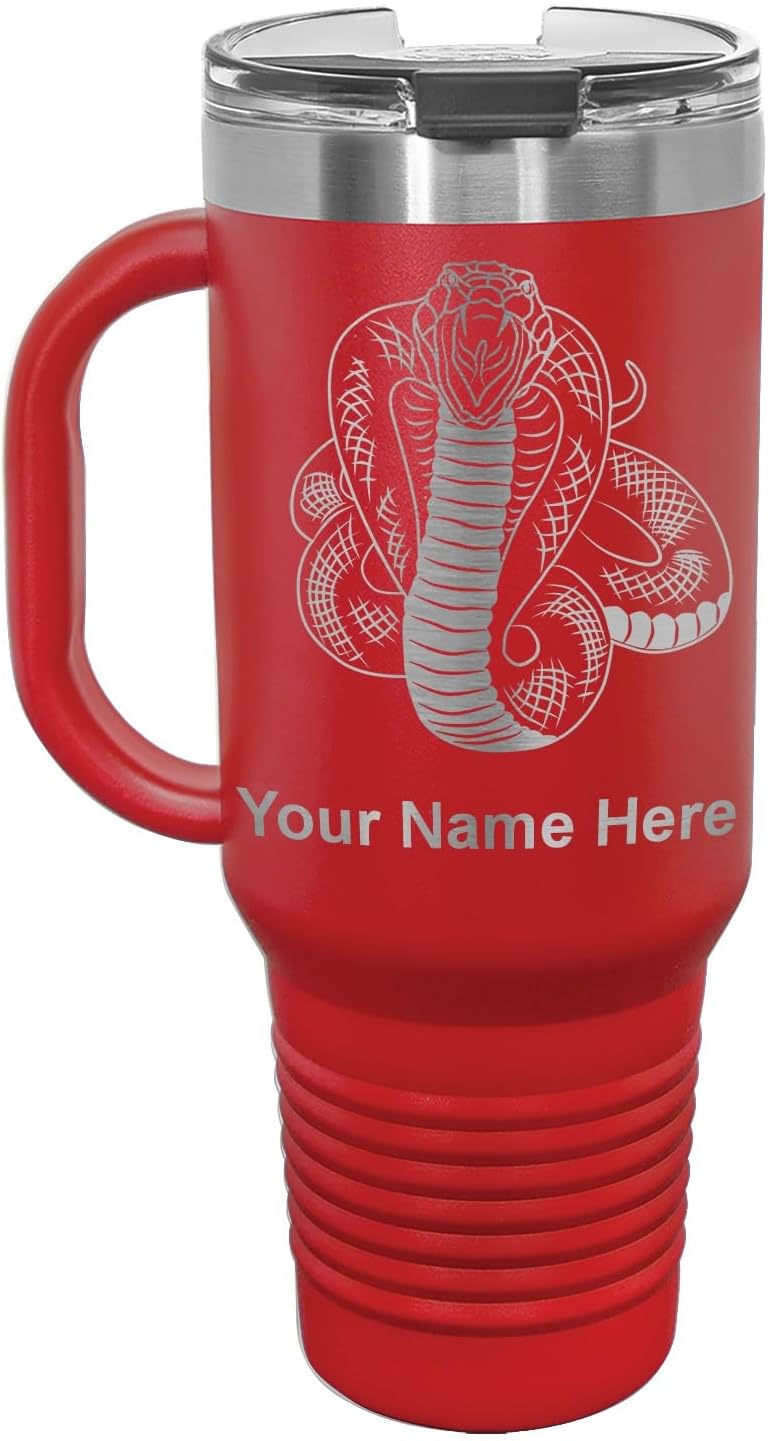 LaserGram 40oz Vacuum Insulated Travel Mug with Handle, Cobra Snake, Personalized Engraving Included (Red)