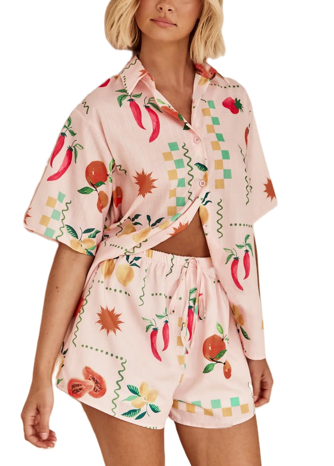 SeyurigaokaWomen 2 Piece Floral Pajamas Lounge Set Y2K Short Sleeve Shirt Wide Leg Short Pants Sleepwear Pj Matching Sets