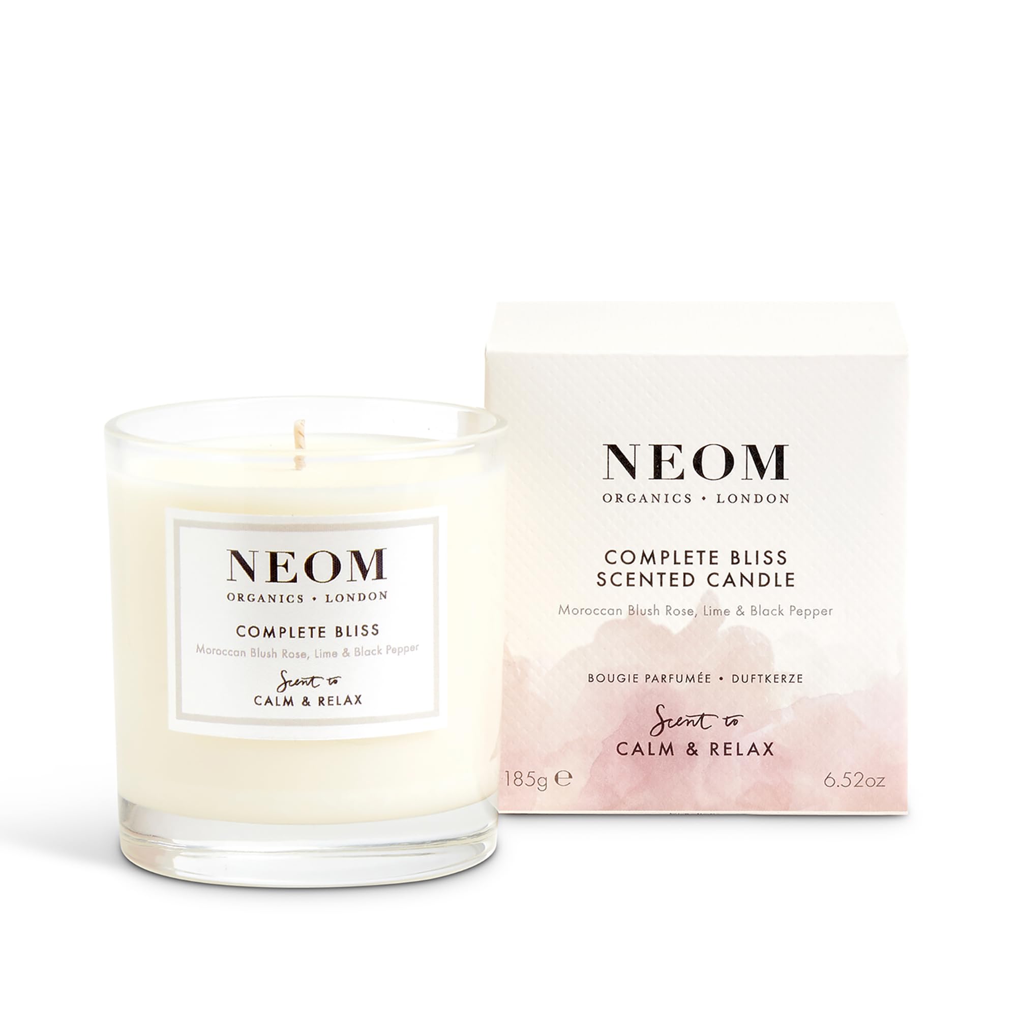 NEOM- Complete Bliss Scented Candle, 1 Wick | Blush Rose, Lime & Black Pepper | Essential Oil Aromatherapy Candle | Scent to De-Stress