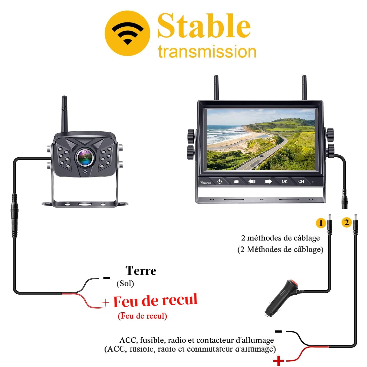 Caméra de recul sans Fil WiFi étanche 7" LCD Split Monitor Touch Key Screen DVR Recorder Système de Vue arrière pour Camping-Car, Van Camion T5