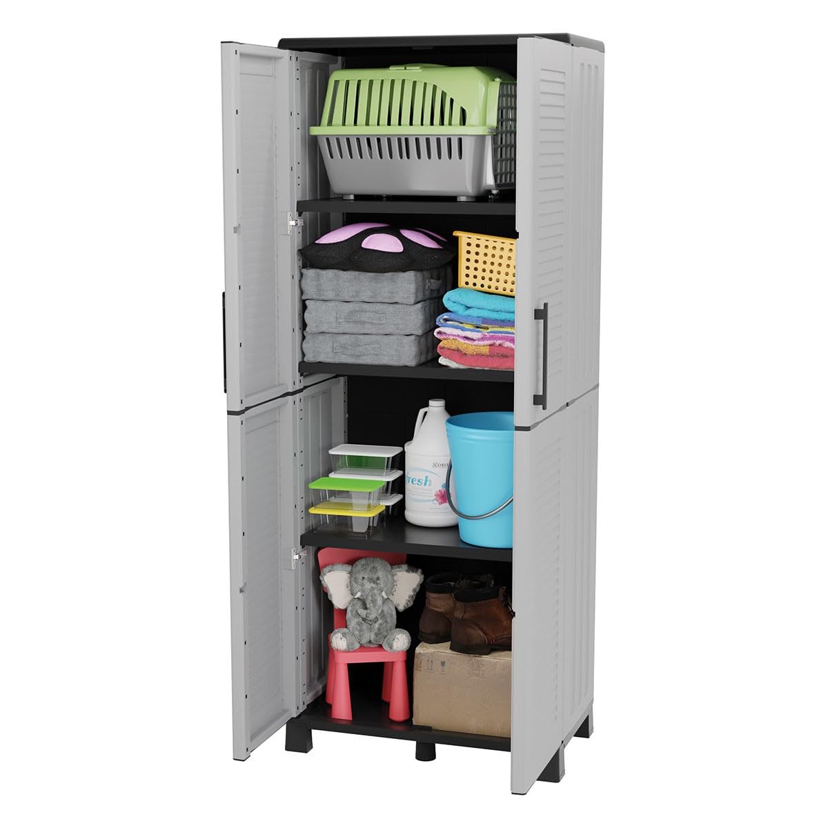 INTEC - Armoire de Rangement Grise 2 Portes 4 Étagères – Meuble Haut Plastique pour Garage, Buanderie, Bureau – Meuble à Pieds H169 cm (68x37x169 cm)