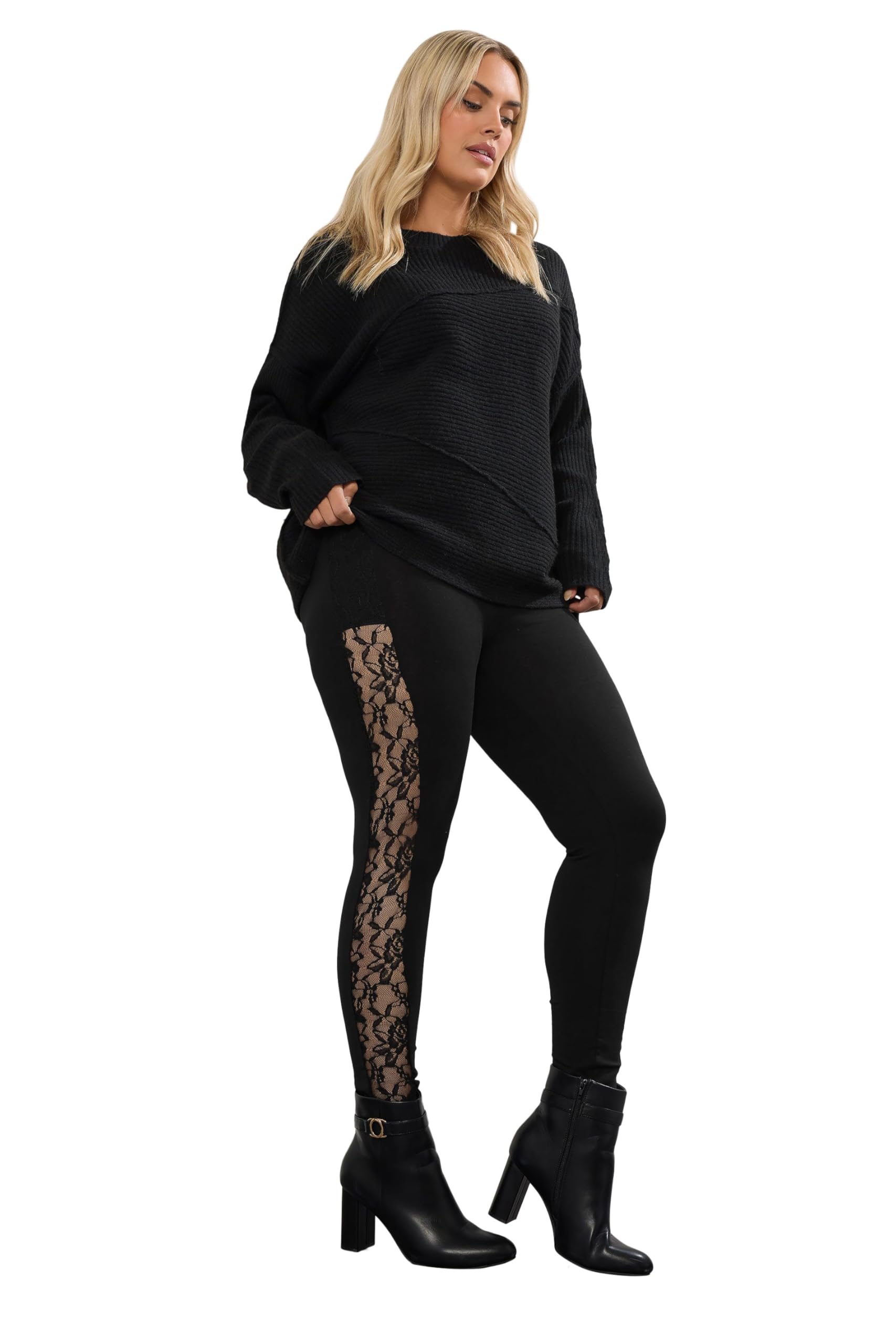 Yours Women's Lace Side Stripe Leggings Pants in Black | Size: 24