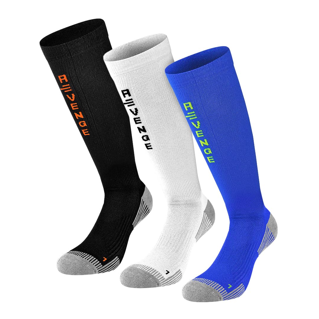 R-EVENGE Lot de 3 chaussettes techniques multisports longues pour le sport intérieur et extérieur et de loisirs, manchette renforcée et élastomère à compression