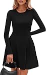 PRETTYGARDEN Long Sleeve Mini Dress for Women 2026 Fall Crewneck Knit Pleated Babydoll A Line Soft Casual Short Party Dresses