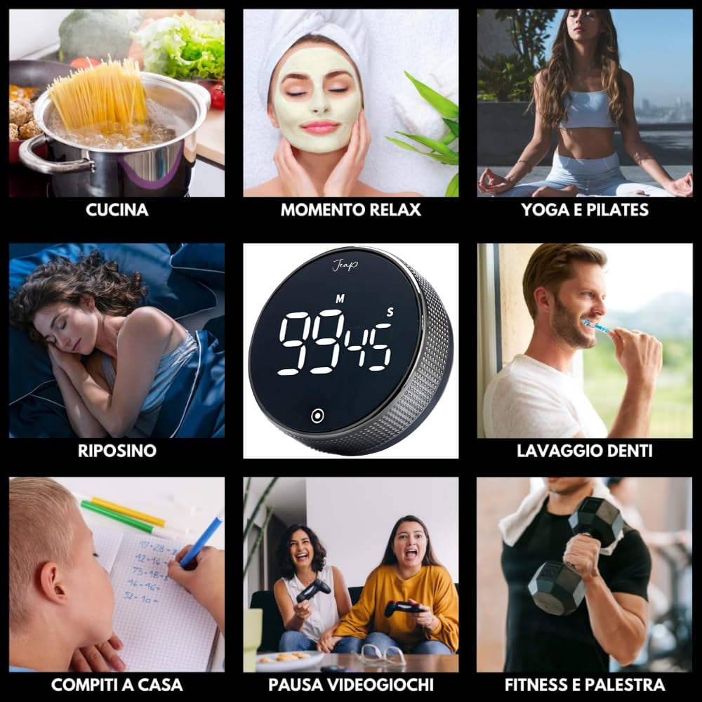 JEAP Timer da Cucina Magnetico | Timer Digitale LED con 3 Livelli di Volume | Ideale per Cucina, Studio, Compiti, Palestra, Yoga | Timer Facile da usare | Design Minimal, Colore Nero e Argento