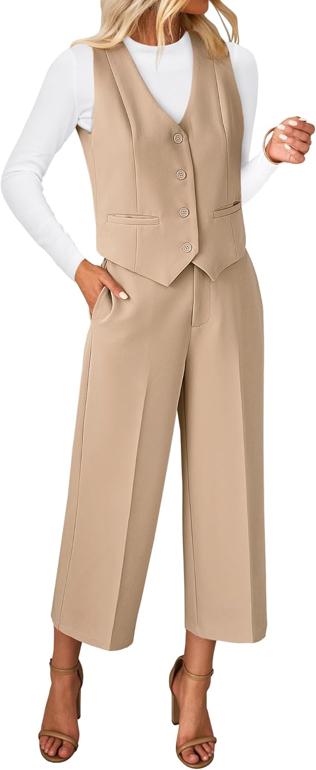 luvamia Pant Suits for Women Dressy Casual 2 Piece Sets Sleeveless Blazer Vest with Wide Leg Capri Pants Work Outfit