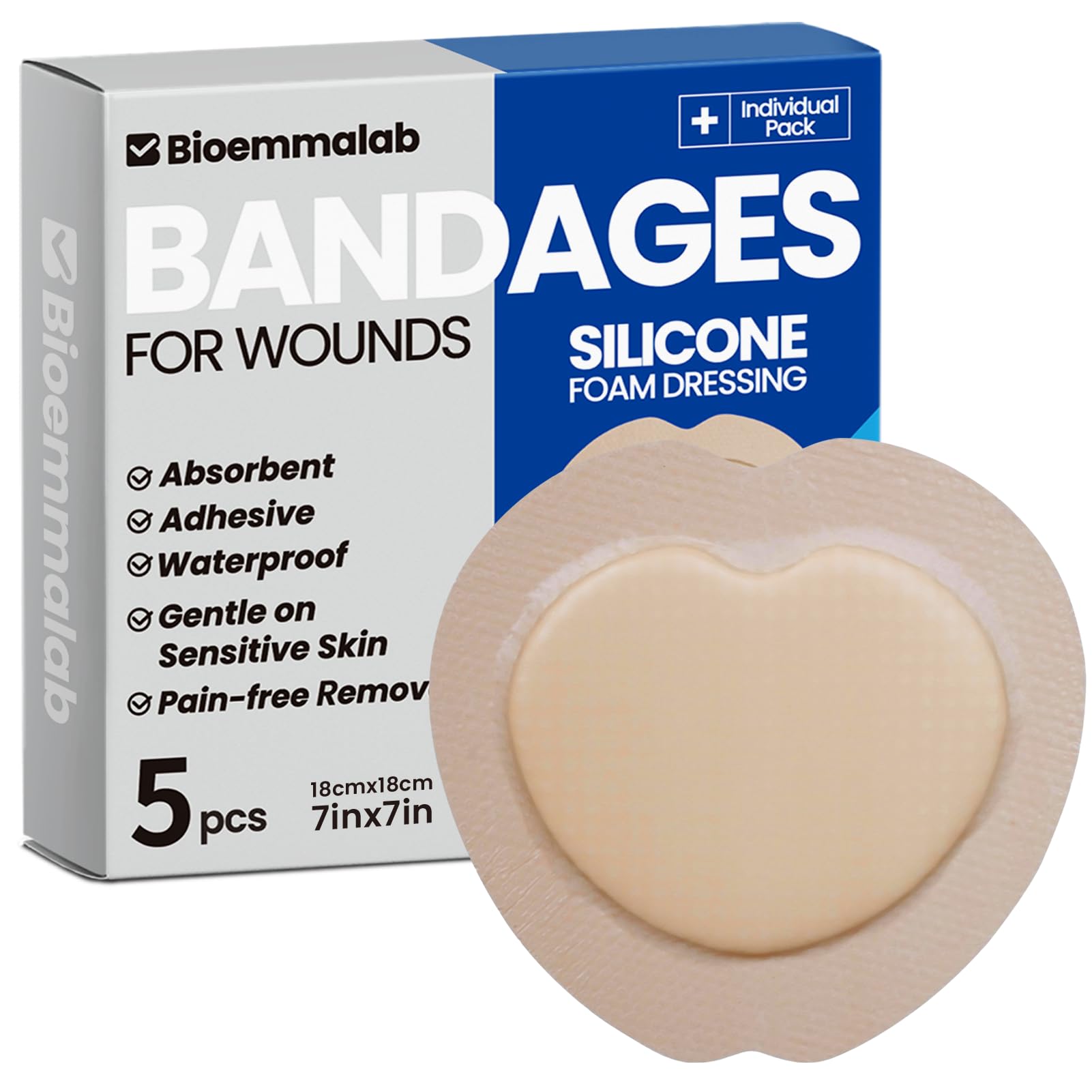 Large Waterproof Bandages 7X7 Silicone Foam Dressing Sensitive Skin, 5 PCS