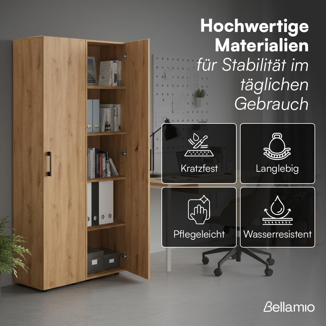 Bellamio Apol Aktenschrank 40 cm, mit 5 Fächern, Eichenoptik aus Holz | Mehrzweckschrank breit, Hochschrank schmal, Aufbewahrungsschrank & beidseitig montierbare Tür, Büroschrank, Flurschrank