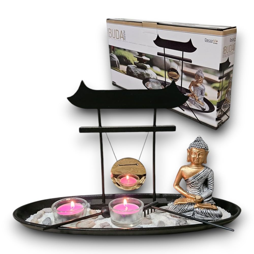 Portavelas Buda con Gong - Centro de Mesa Decorativo para Salón y Hogar - Bandeja Porta Velas Estilo Zen - Buda Decorativo - Figura budas Originales Salon