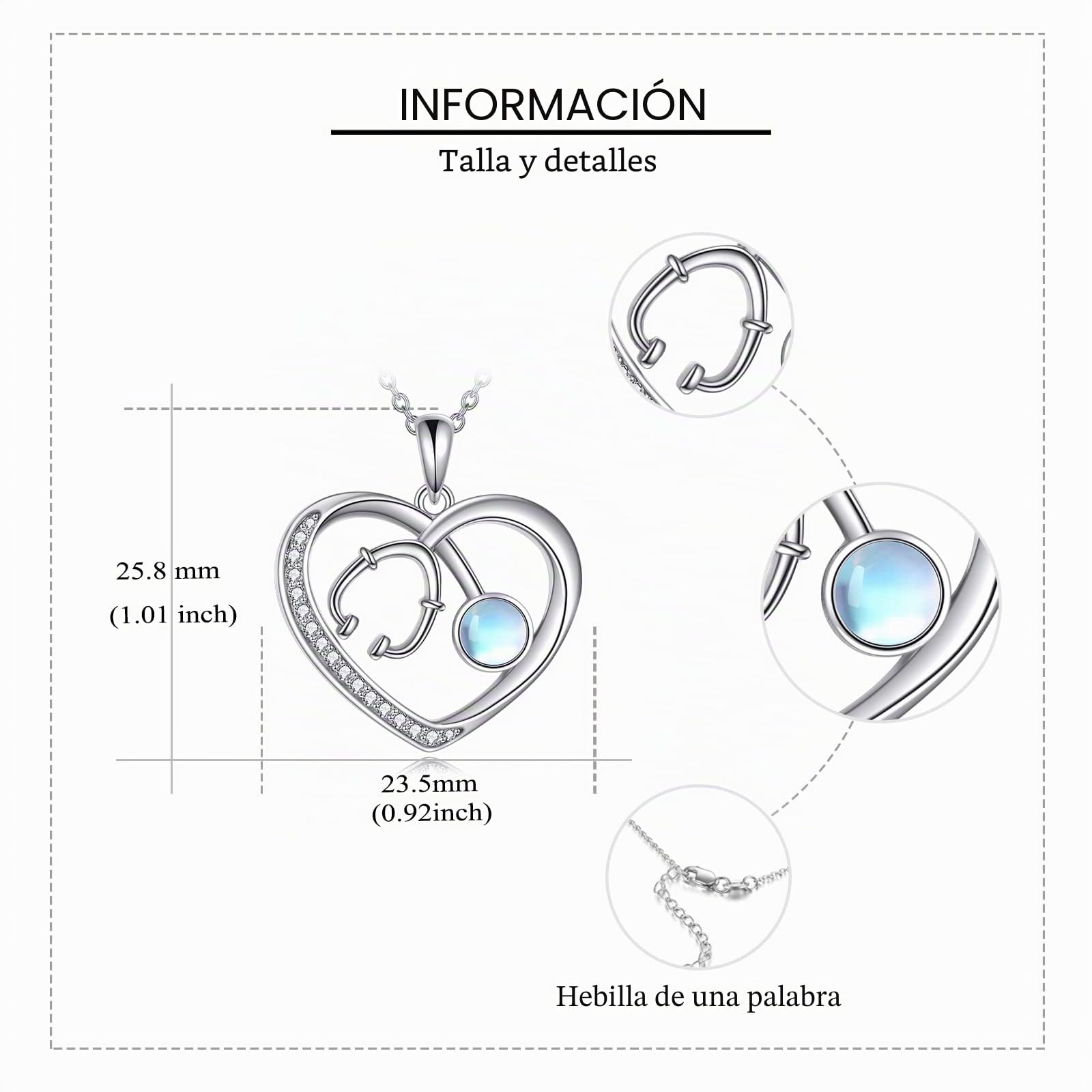 DAYLINLOVE Collar Estetoscopio Plata Ley 925 Regalos Enfermera Collar Colgante En Forma Corazón Piedra Lunar Joyería Enfermería Regalos para Enfermera Médico Estudiante Medicina