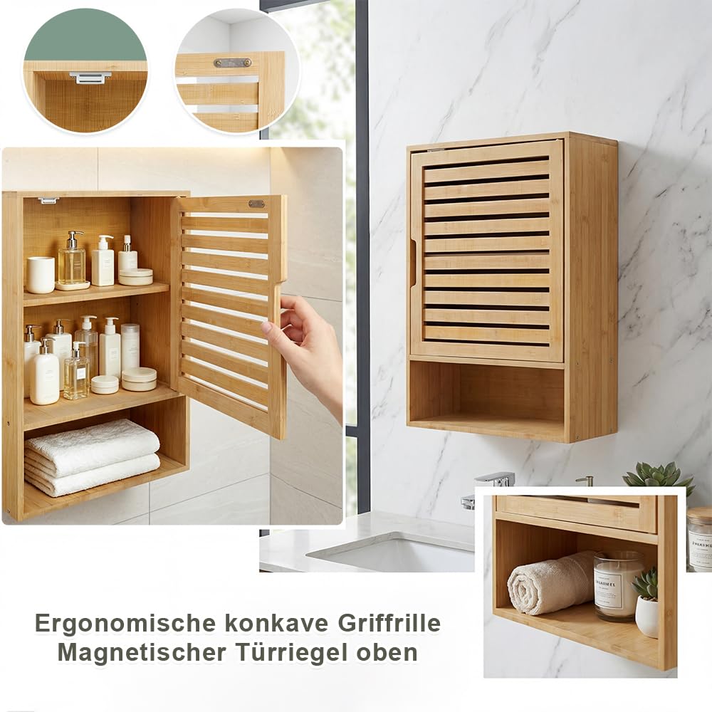 Armadietto sospeso da bagno, in bambù, con porta di ventilazione e 3 ripiani, mensola da parete per cucina e WC, salvaspazio e resistente all'umidità, 60 x 40 x 20 cm (colore legno)