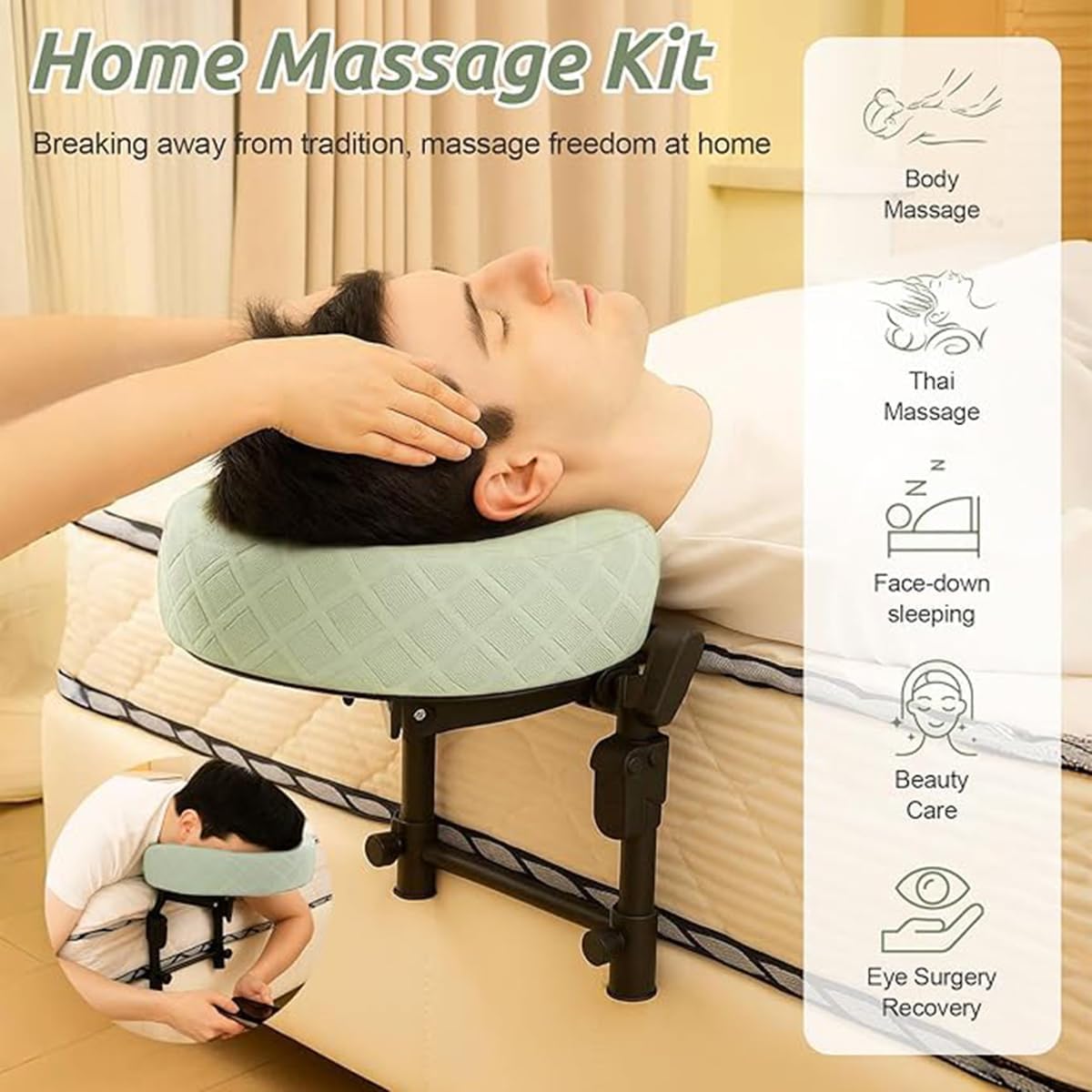 Massage-Kopfstütze für Bett Gesichtsauflage Massagematratze Kopfstützen-Set nach Augenoperationen Stützkissen und Kissenhalter(1 Set,Green)