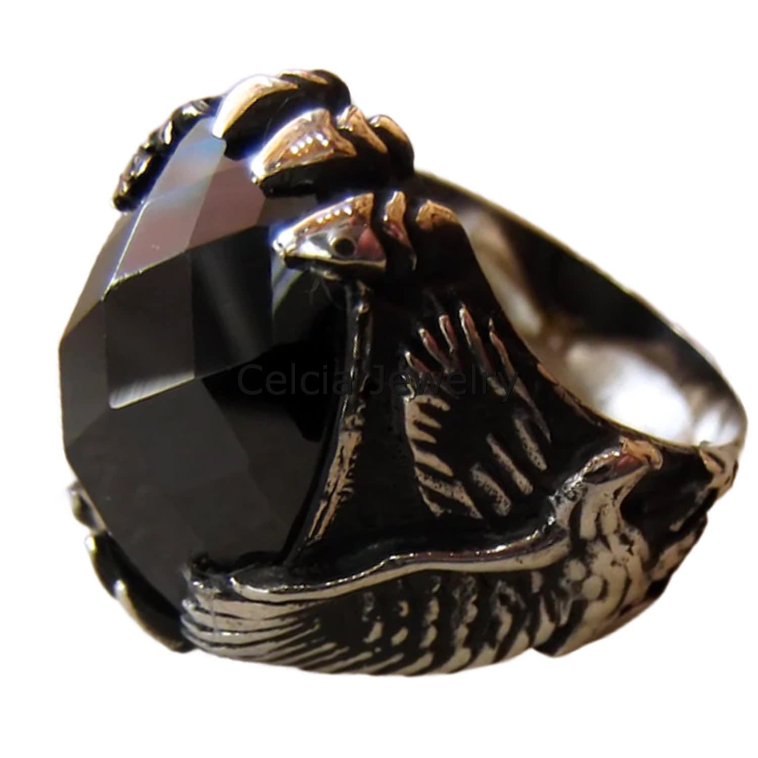 Ametista pizzo agata pietra preziosa naturale unico Aquila Anello con sigillo di dichiarazione, gioielli ossidati argento antico classico, regalo del giorno dei padri, pietra di nascita di febbraio
