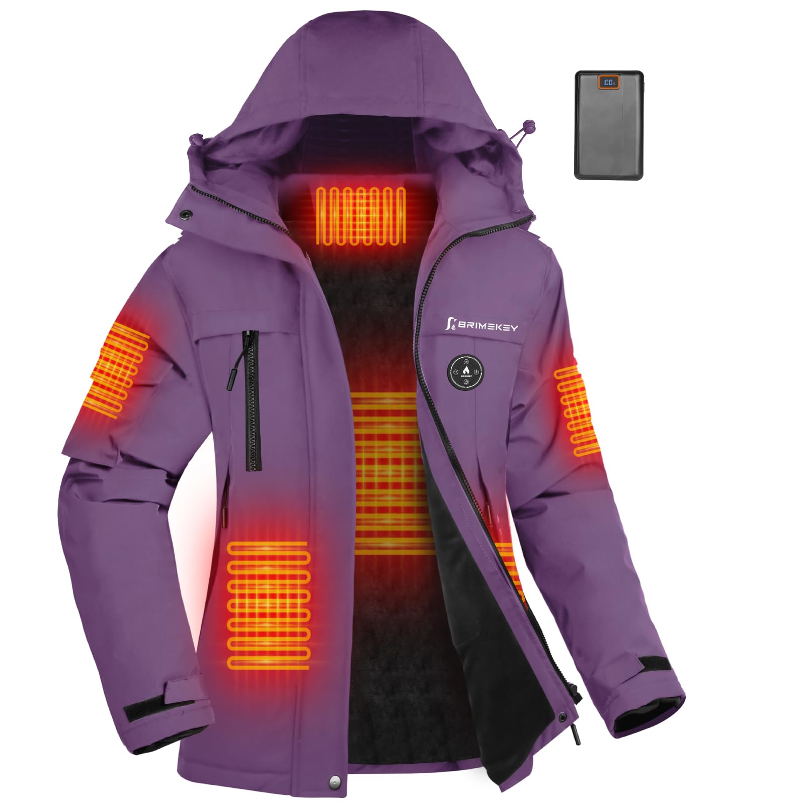 Beheizbare Fleece Jacke Damen mit 20000mAh Akku, Wasserdichte & Winddichte Beheizte Skijacke Kapuze mit 6 Heizzonen & 3 Stufen, Heizjacke für Skifahren, Snowboarden, Wandern, Wintercamping