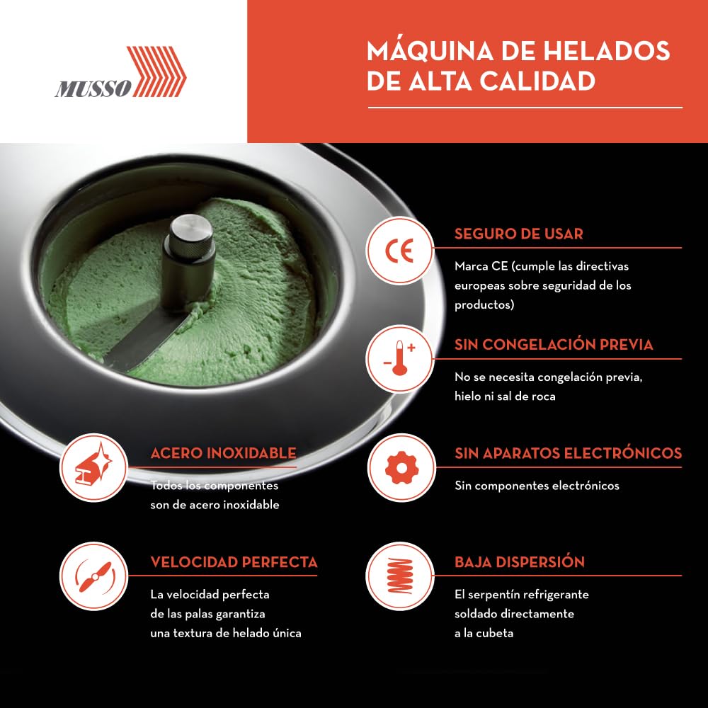 Musso Mini Lussino 4080 Máquina de Helados Casera - 0,75 l de Helado en 30 Minutos - Heladora Italiana para Casa | Heladera para Hacer Helado, Gelato, Sorbete, Granizado | Robusta y Fácil de Usar