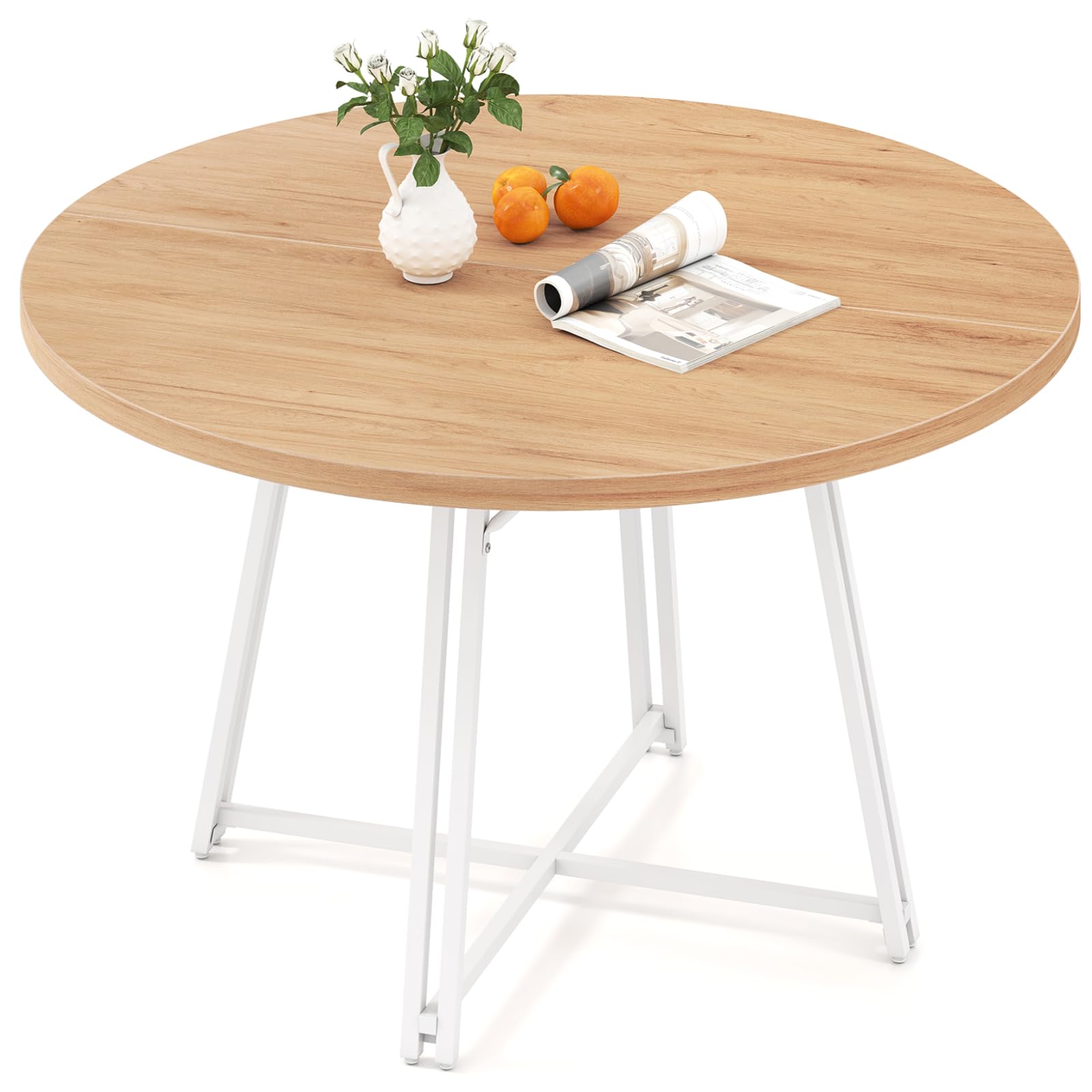 COSTWAY 118cm Dining Table for 4-6 People, Round Wooden Kitchen Tables with 8 Metal Supporting Legs, Cross Base & Adjustable Foot Pads, Circle Dinner Table for Home Dining Room (Natural + White) — image 1