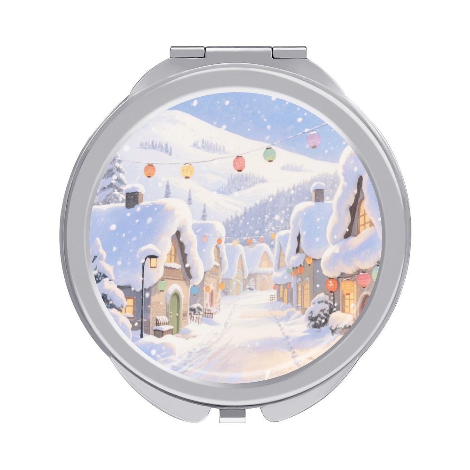 Fekiloot Style Ice And Snow Town Travel Makeup Mirror Handheld Compact Mirror Portable Pocket Mirror Double-Sided 1X/2X Magnifying For Handbag And Purses