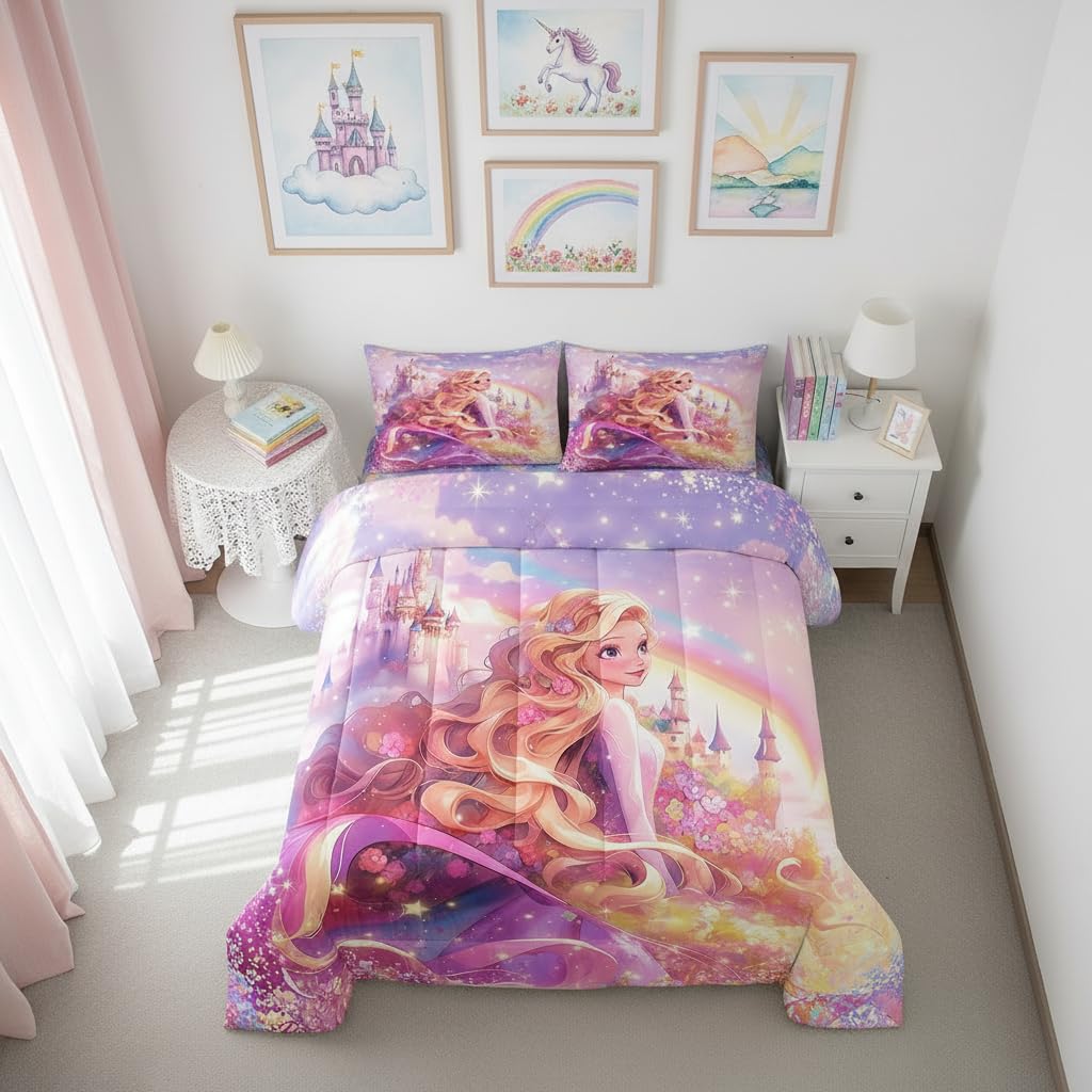 Princess Comforter Set for Boys Girls,Fairy Tale Dreamy Castle All Season Cozy Bedding Set Full Size,Watercolor Flowers Rainbow Starry Fantasy Girly Duvet Set Bedroom Decor