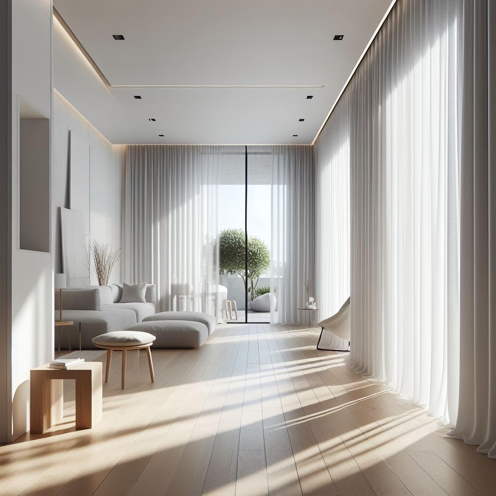 Rideau en voile lisse blanc semi-transparent avec bande plissée et poids au plomb pour une décoration de fenêtre élégante et fonctionnelle, rideaux avec galon fronceur, ruban de plomb, transparent