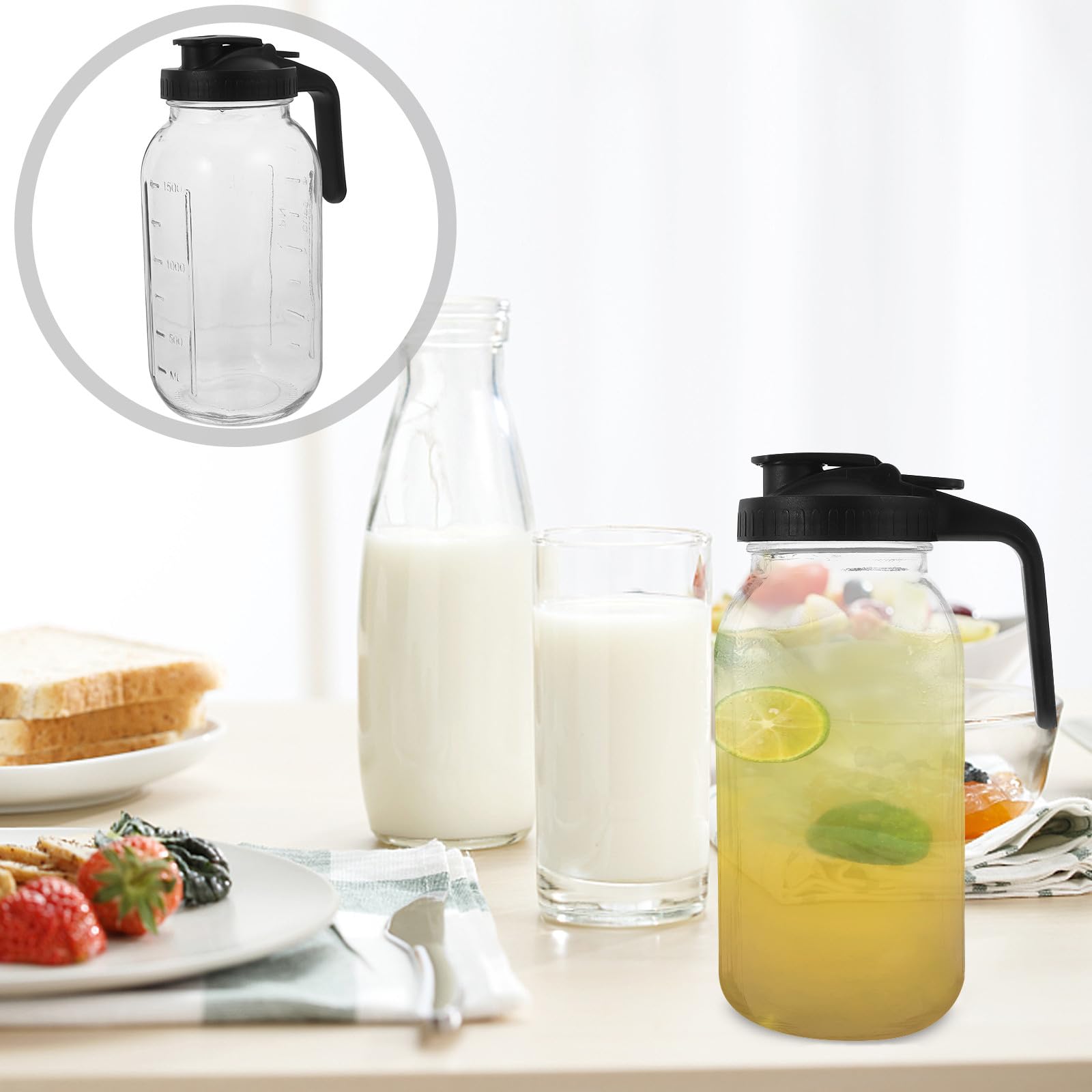 Jarra de Vidrio para Jugo y Agua 1,9l con Tapa y Asa Negra, Recipiente Medidor para Bebidas Frías, Jarra para Nevera y Suministro de Restaurantes