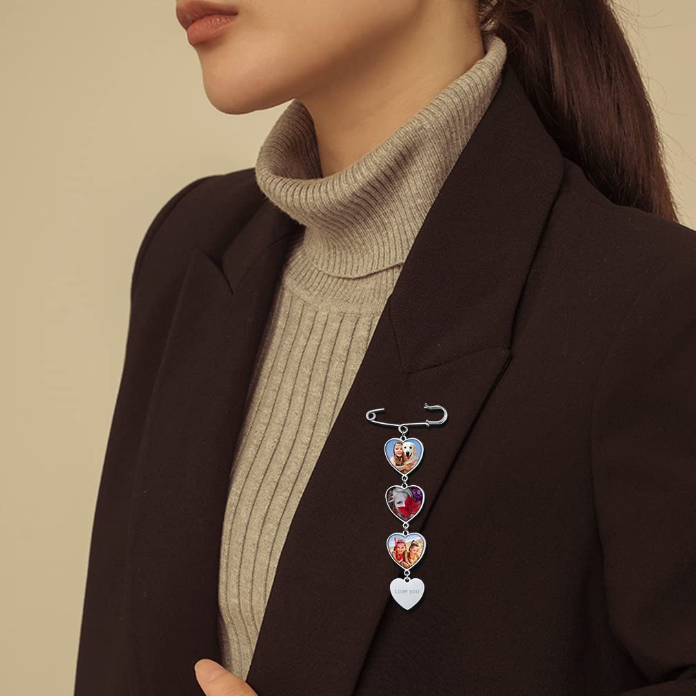 Custom4U Personalisierte Damen Herren Brosche mit 3x Fotoanhänger mit Gravur für Memorial Anhänger Brautstrauß Ansteckblume Bräutigam Edelstahl DIY Anstecker Silber für Hochzeit Weihnachten