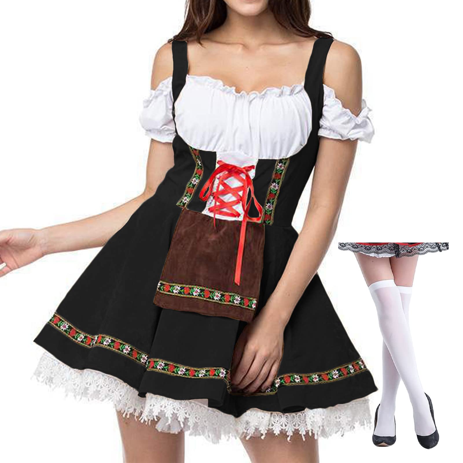 enheng Women's German Dirndl Dress with Stockings, Traditional Bavarian Oktoberfest Costume Beer Maid Costume Halloween Carnival Outfit
