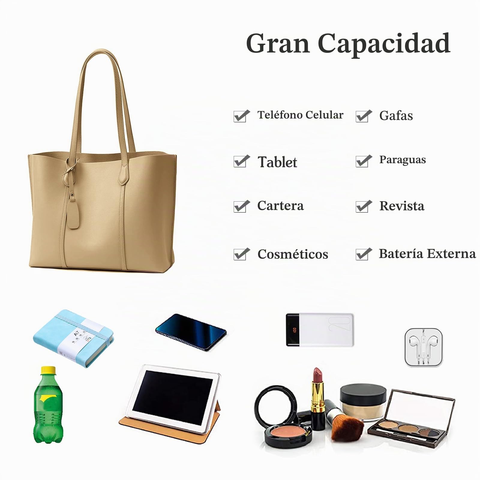 Bolsos de Mujer Grande Bolso Tote Bolsa de Hombro de Moda Señora PU Cuero Bolso Shopper para Escuela Trabajo Viaje Compras Blanco