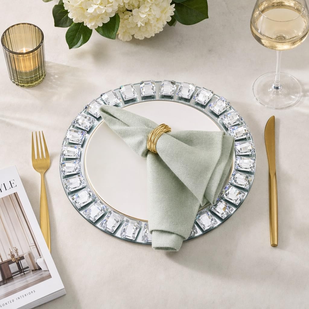 Silver Glass Charger Plates, Set of 4-13 Inch Round Mirror Chargers with Glass Mosaic Rim for Wedding Party Table Decor