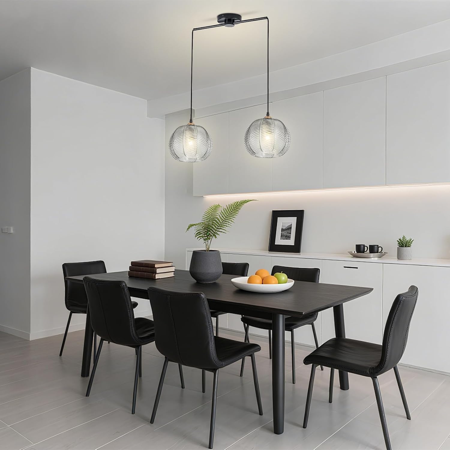 Modern Ribbed Glass Pendant Light, 2-Light Smoke Grey Glass Hanging Light Fixture, Linear Kitchen Island Lighting with Adjustable Cord, Farmhouse Ceiling Chandelier for Dining Room, Bar
