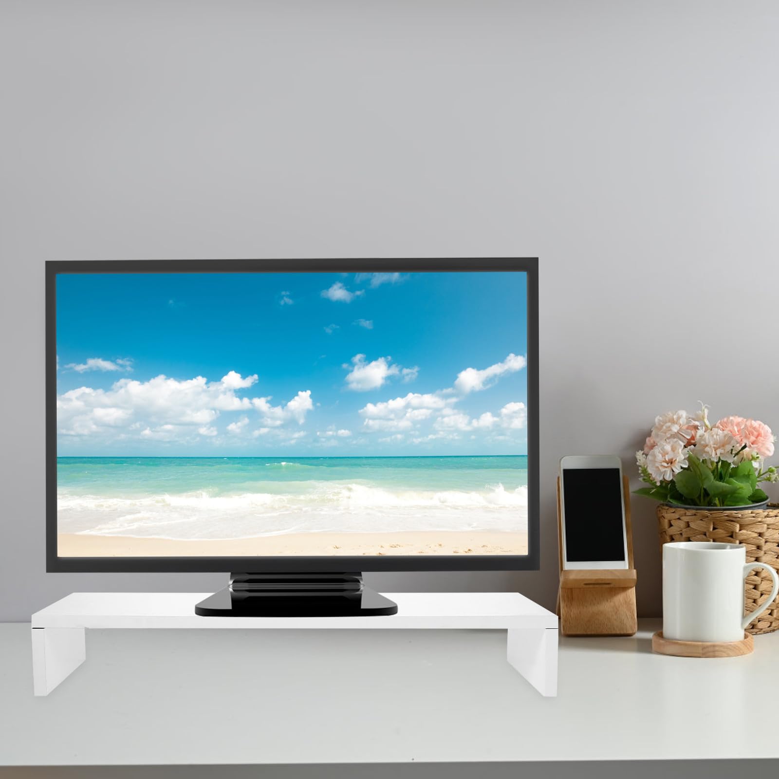 GALPADA Supporto per Monitor da Scrivania in MDF Bianco Multi-Funzione Salvaspazio per PC e Notebook Design Elegante per Ufficio e Casa