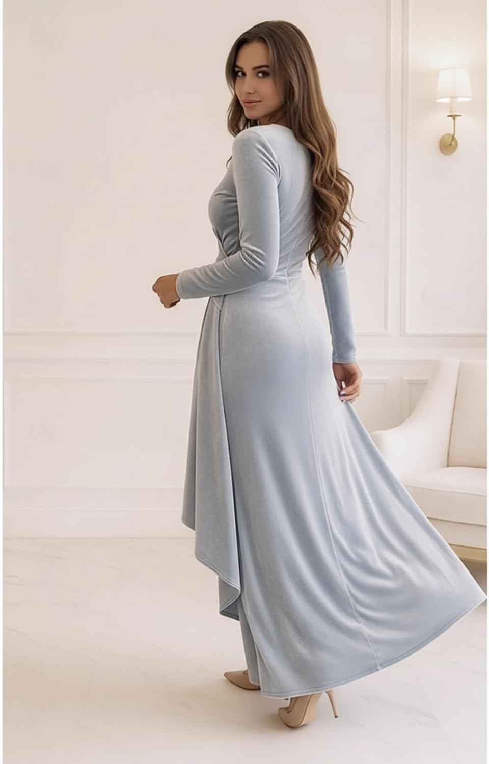Long Sleeve Velvet Formal Dresses for Women Scoop Neck Long Mermaid Evening Prom Gowns - Image 2