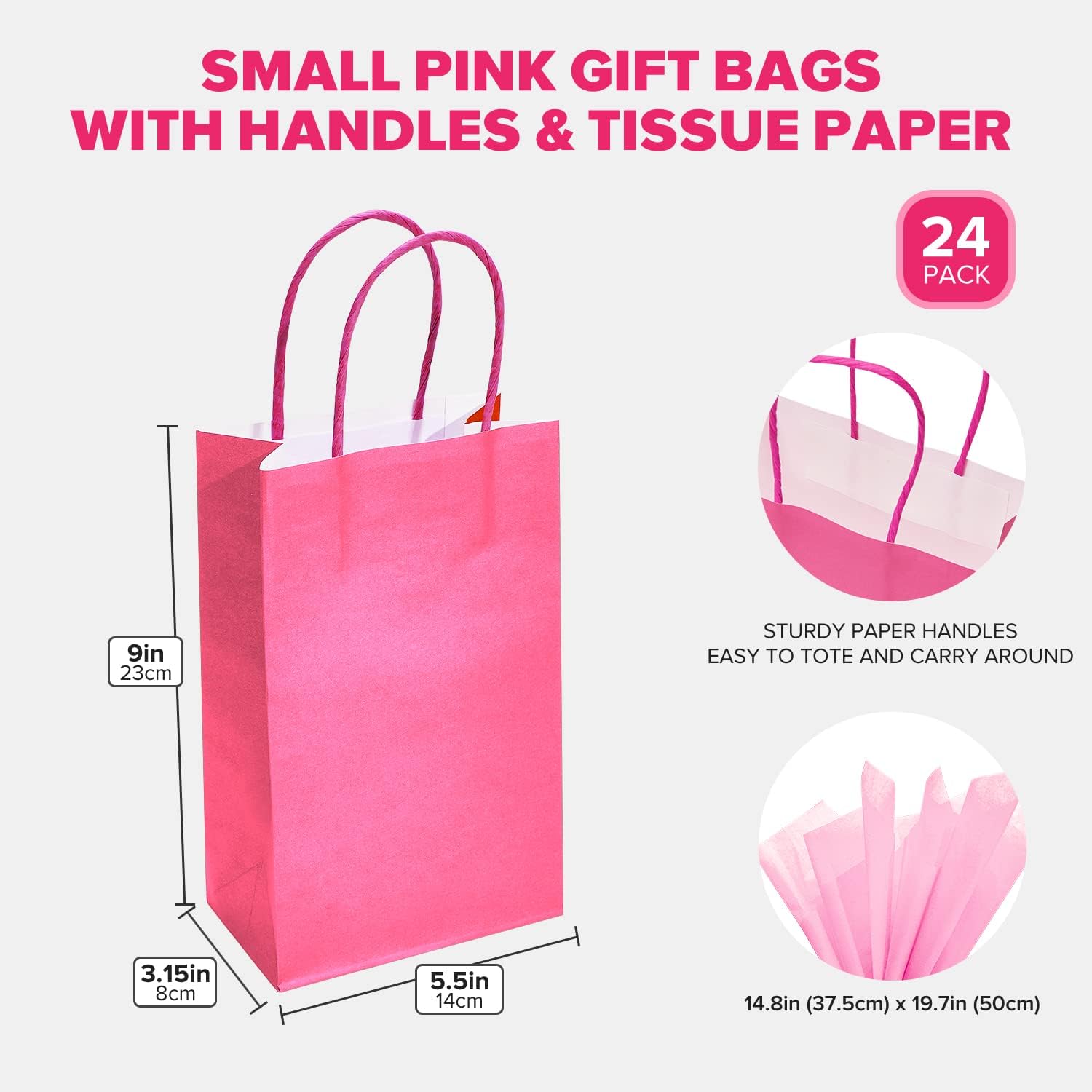 DjinnGlory 24 Pack Small Hot Pink Paper Gift Bags with Handles 9x5.5x3.15 Inch and 24 Tissue Paper for Business Birthday Wedding Bridal Shower Mother's Day New Moms Birthday Party Supplies - Image 3