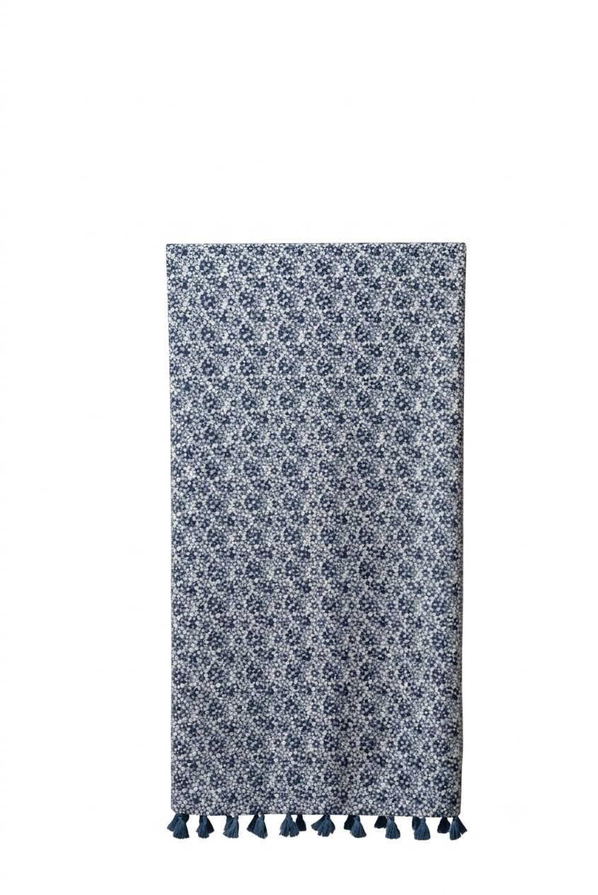 Blue Floral Print Scarf with Tassel Hem, White and Blue-image-16