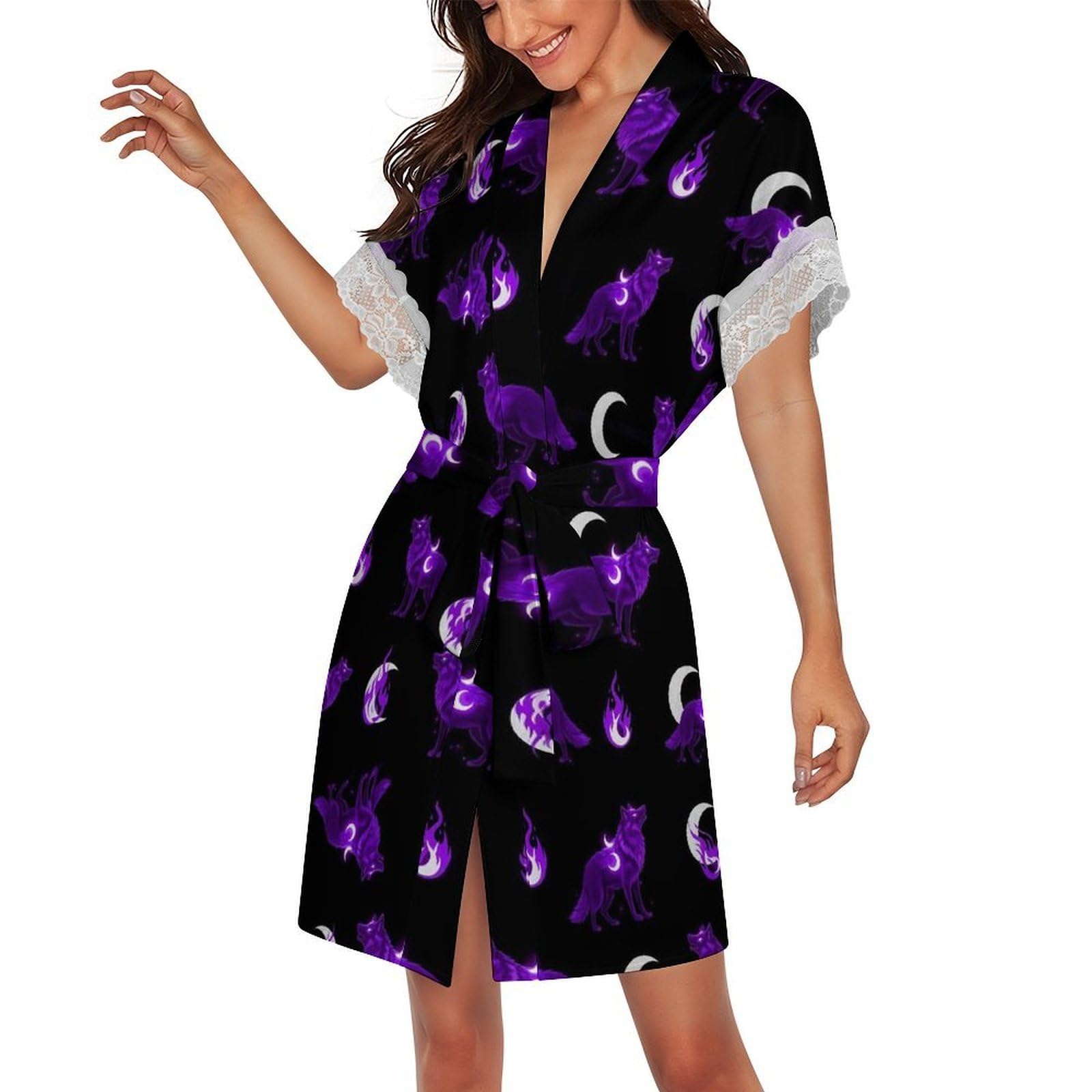 Womens Silk Robe Short Lace Trim Sexy Kimono Bathrobe Sleepwear