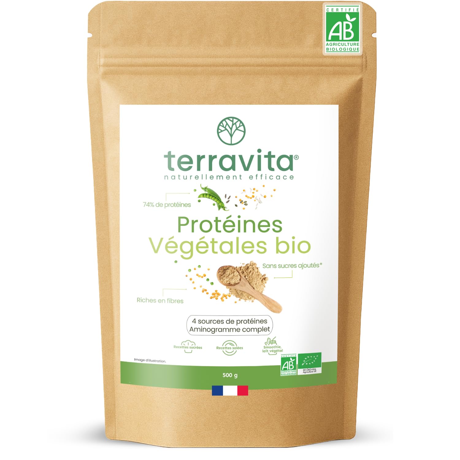 Protéines Végétales BIO | 4 Sources : Aminogramme Complet | Idéale en Shaker ou Recette | Mélange Onctueux sans Grumeaux | 500g Goût Neutre | Sans Excipients & Vegan | Made in France | Terravita