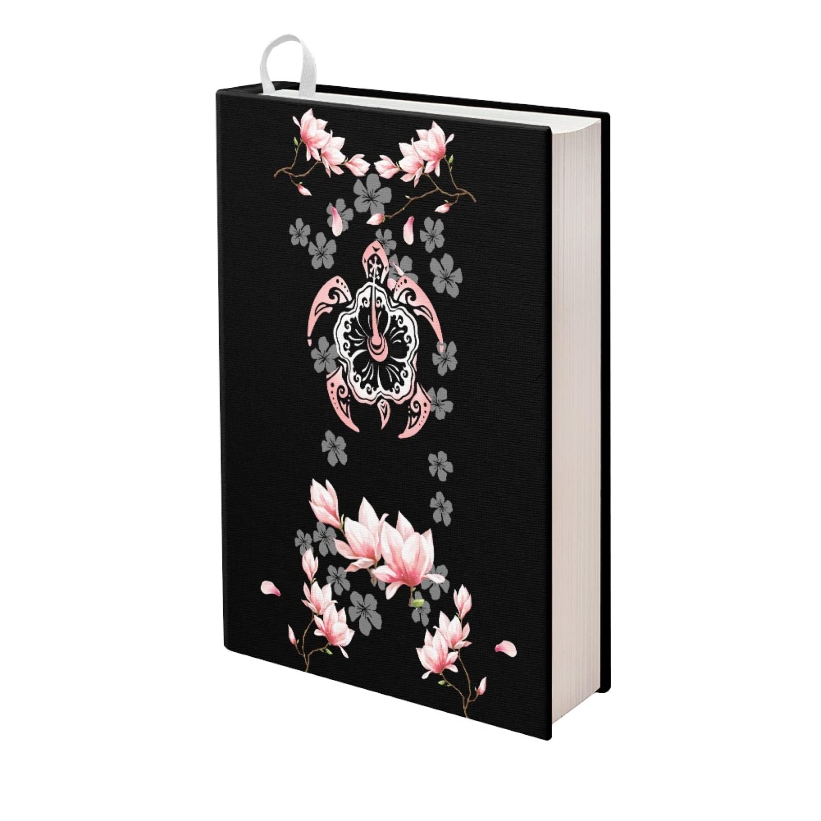 Kuiaobaty Ethnic Hibiscus Turtle Book Sleeve Stretchy Fit Cloth Book Cover, Pink Magnolia Flowers Rigid Book Cover,Diary, Novel Protector