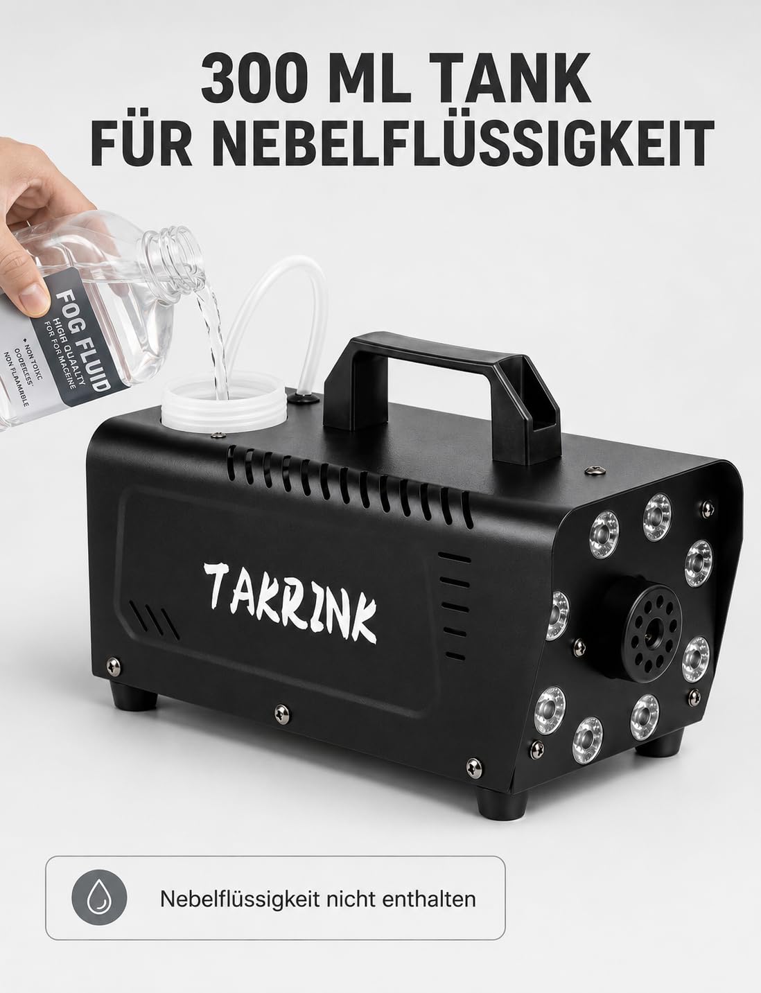 TAKRINK 900W Nebelmaschine Rauchmaschine Nebel Maschine 16 Farben RGB Lichteffekt Mini Nebelmaschine mit Fernbedienung für DJ Disco Party, Hochzeiten, Halloween und Bühnenshows(Standard) | 8 LED RGB 16 Farben Rauch Effekt Licht 0,3 L Tank und Fernbedienun
