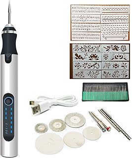 Electric Engraving Pen Cordless Micro Carving Pen with 3 Adjustable Speed 300mAh Rechargeable Engraver Machines Wireless Etching Engraving Tool for Jewelry Wood Metal Glass Stone (Silver, with Engraving Stencil)