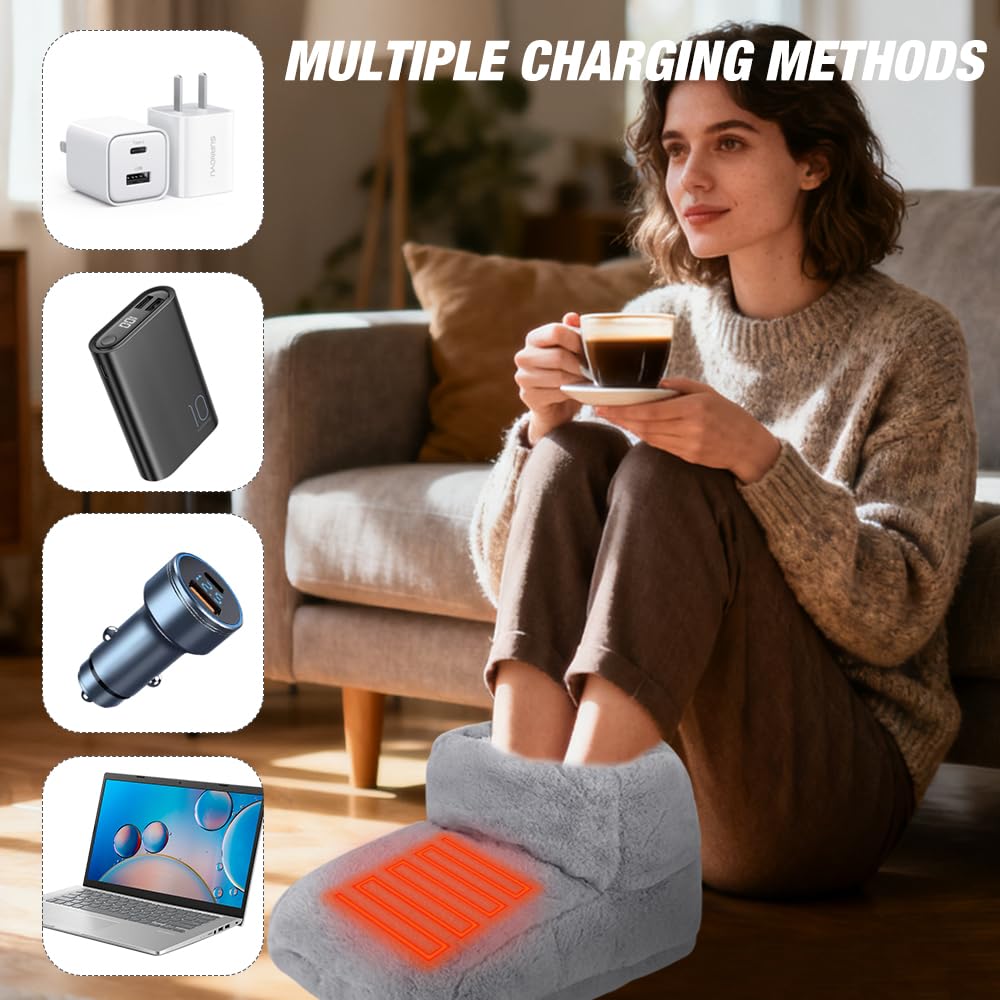 Chauffe-pieds Electrique, 5V Chauffe-pieds flanelle, USB Chauffe Pied, Chausson Chauffant, avec 3 Niveaux de Température & Minuterie, pour Adultes, Personnes Agées, Bureau(Gris)