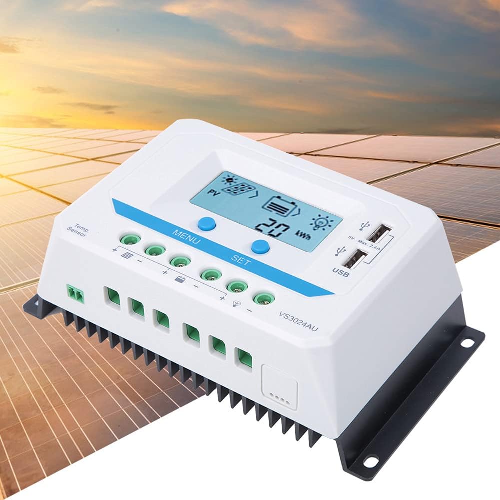 10A/20A/30A Solar Controller, 12V/24V Auto PWM Regulator LCD Display with Dual USB Port, Solar Panel Battery Intelligent Regulator (VS1024AU-10A)