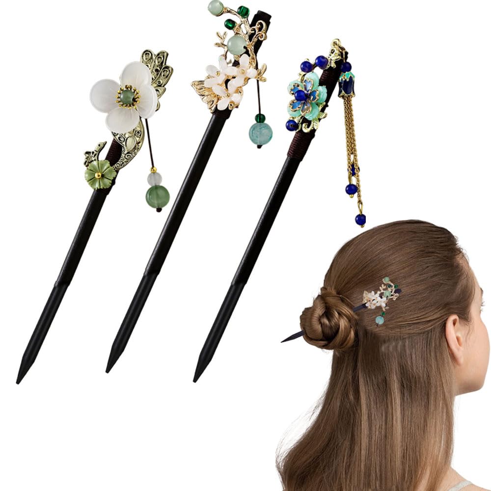 Goodern 3 PCS Chinese Wood Hair Sticks,Retro Hair Chopsticks Wooden Hair Pins Exquisite Vintage Flower Hair Sticks with Tassel Women Girl Fashion Hair Decor Accessories for Festival Party Wedding-A