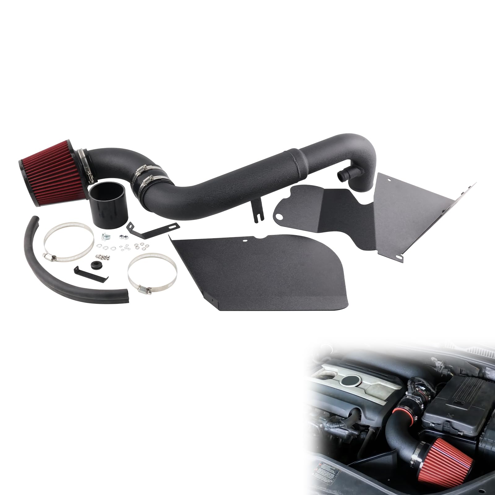 Kit d'admission d'air froid compatible avec VW Golf GTI MK6 2.0 TFSI 2011-2012 EA113 Tuyau en aluminium à haut débit + Bouclier thermique + Filtre rouge