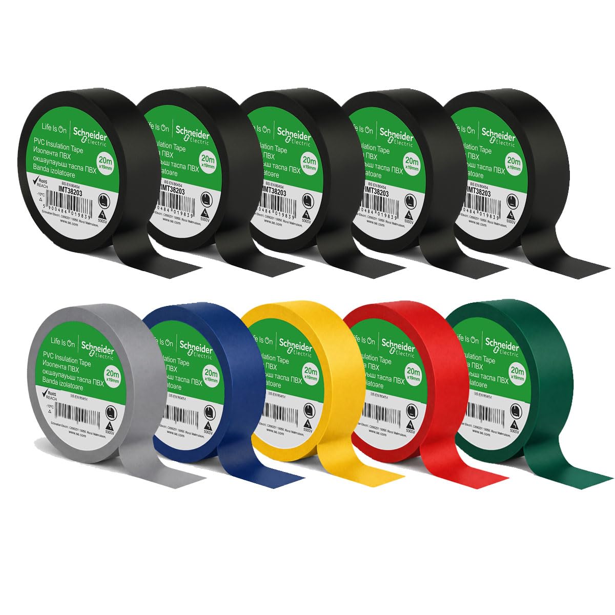 Schneider Electric Premium PVC Electrical Tape Black 19mm x 20m (Pack of 10) 5 x Black & 5 x Colours – Fire Retardant Insulation Tape for Wiring, Repairs & Cable Protection - Electrical Maintenance