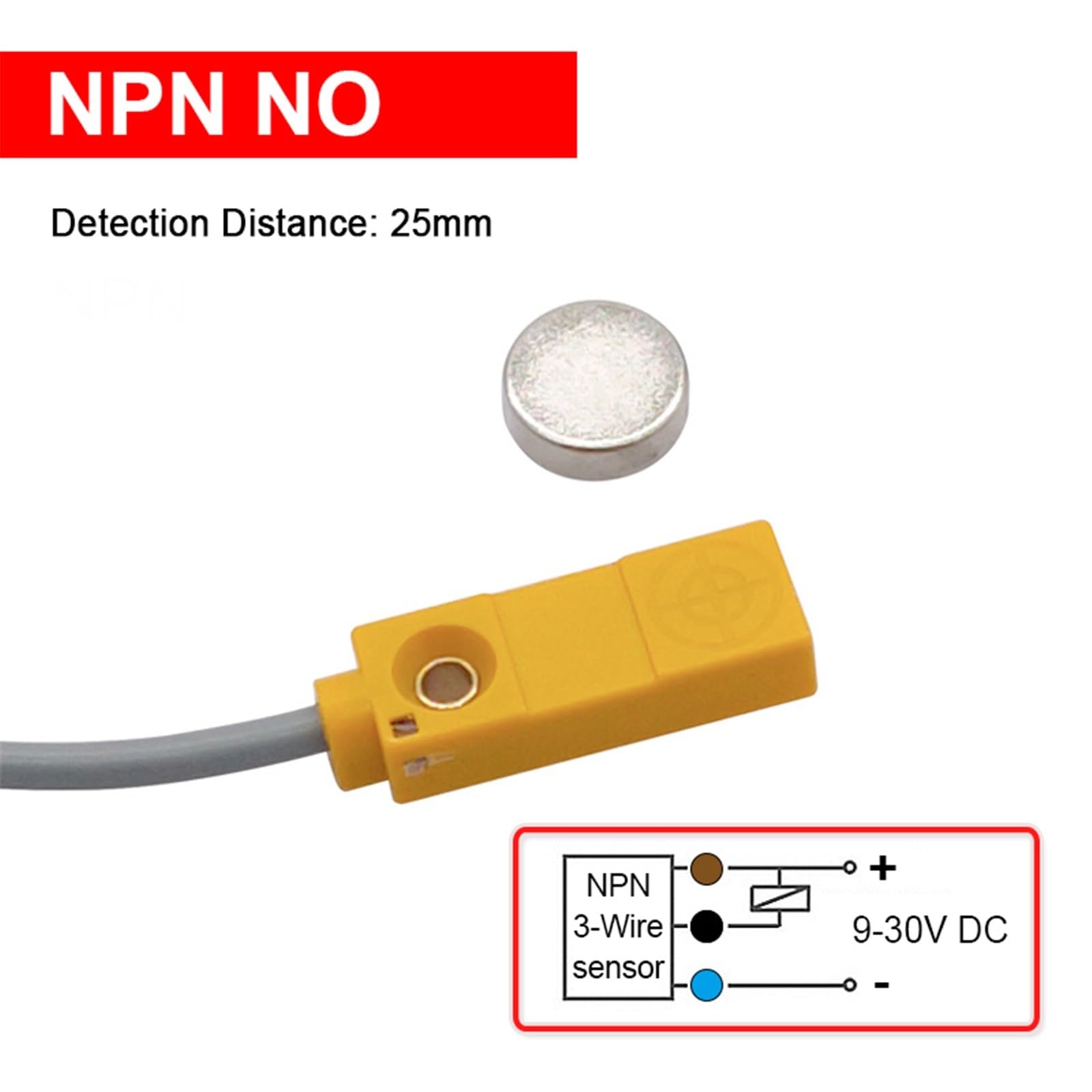 1 sensor de proximidad cuadrado, interruptor magnético, imán inducción NPN PNP, normalmente abierto, distancia detección 25 mm(Hall Npn No)