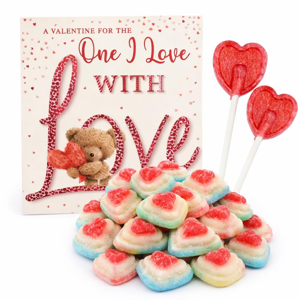 Valentines Day Sweets Gift Box – Red Heart Lollipops, Sugared Candy Hearts and Valentine Card for Romantic Party Treats, Gifts, Weddings,Valentine Celebrations