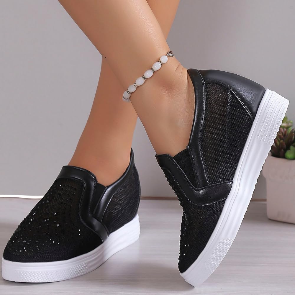 Scarpe da ginnastica da donna bianche con strass, design a rete, punta chiusa, zeppe, tacco nascosto, in tela, scarpe da sposa