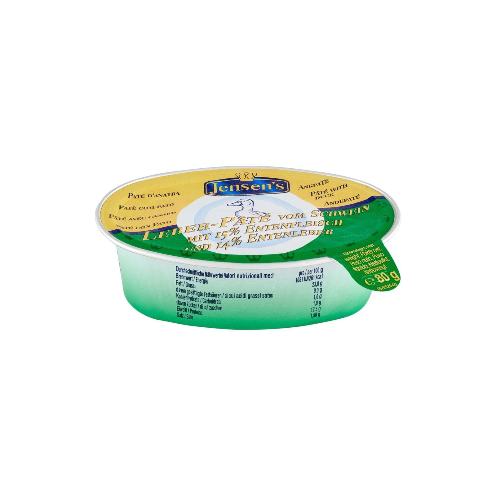 Pâté D'Anatra Jensen's Leber - Set da 6 vaschette x 80g (Totale 480g) - Specialità Tedesca Gourmet con 15% Carne d'Anatra e 14% Fegato d'Anatra - Ideale per Antipasti e Aperitivi
