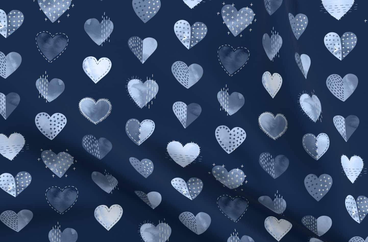 Spoonflower Fabric - Heart Sashiko Hearts Valentine Day Blue Watercolor Printed on Upholstery Velvet Fabric Fat Quarter - Upholstery Home Decor Bottomweight Apparel
