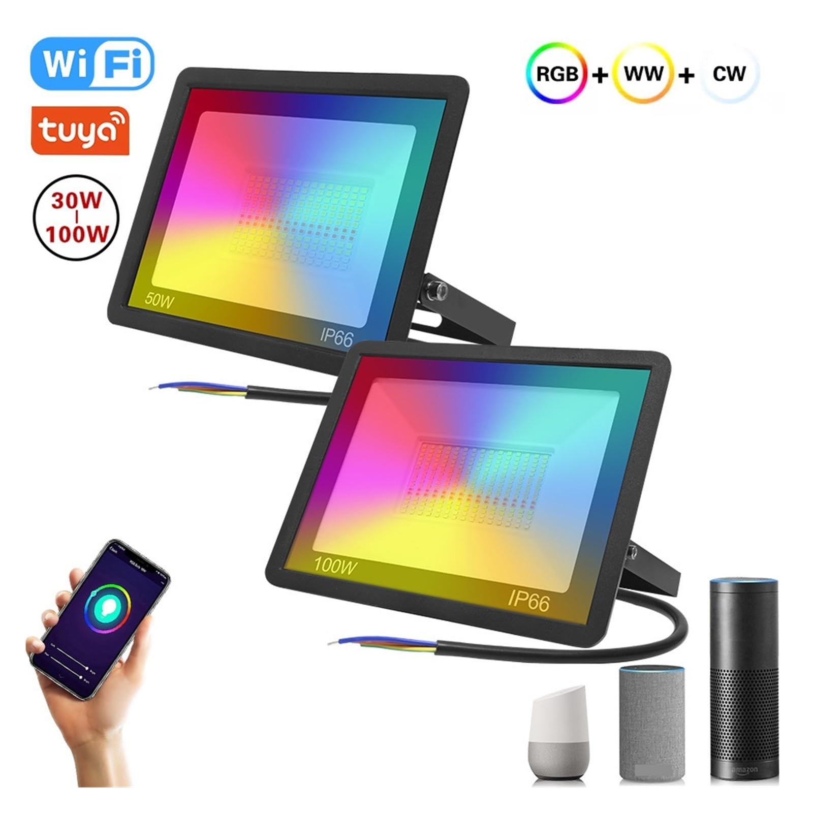 LED-Flutlicht, LED Reflektor RGB Smart Flutlicht Außenstrahler 30W 50W 100W Wasserdicht Warm Kühle Beleuchtung Tuya Steuerung(50W)